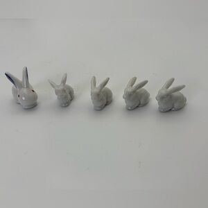 5 Miniature White Ceramic Bunny Figurines Set